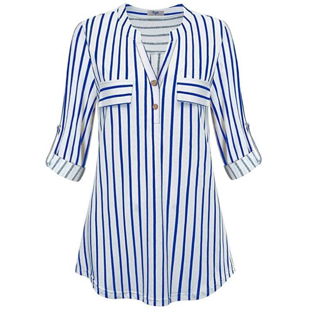 Cestyle White Blue Striped Pullover Blouse Women's Size Large